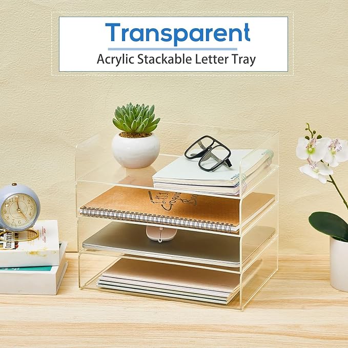 Harloon 4 Tier Paper Organizer Letter Tray Acrylic Desk File Organizer Heavy Duty Stackable Documents Clear Letter Paper Holder Sorter Office Tray for A4, Office Classroom Home File Pad Notebooks - Image 4