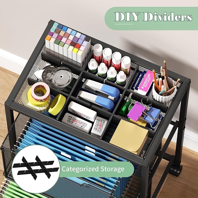 Rolling File Cart with 2 Drawers, Under Desk Storage Cabinet with DIY Divider, Letter/Legal Mobile Filling Cabinet on Wheels, Hanging File Folders Organizer, Metal Utility Cart for Home Office, Black - Image 6