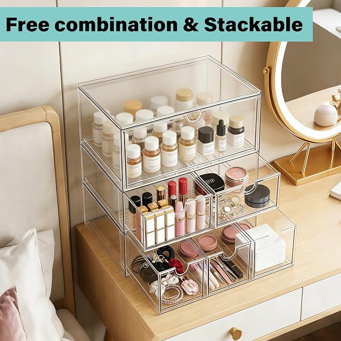 Prsildan Craft Art Supply Organizer Stackable Storage Drawer with 9 Drawers | Clear Acrylic, Tea Bag K Cup Organizer, for Kitchen Office Desk Vanity Makeup Organizer, 3 Pack - Image 5