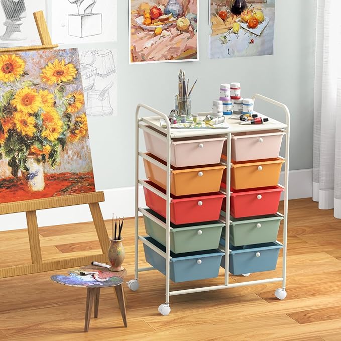 Giantex 10 Drawers Rolling Cart, Classroom Organizers, Storage Cart with Wheels, for Teacher Office Home School Supplies Tool Craft Art Paper, Multicolor - Image 4