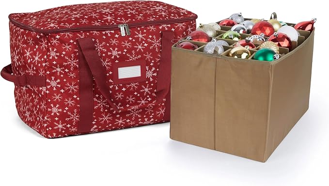 Covermates Keepsakes Adjustable Ornament Storage Bag – Heavy-Duty Polyester, Padded Dividers & FlexGrid Trays – Protective Holiday Ornament Organizer with Handles & Label Window, Red Snowflake by Covermates