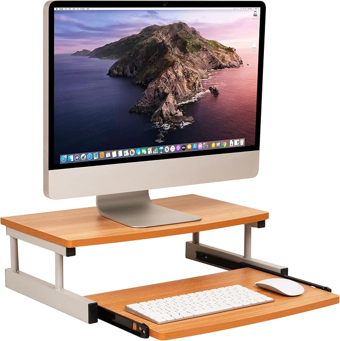 Mind Reader Monitor Stand, Sliding Keyboard Drawer, Laptop, Riser, Office, Wood/Metal, 20"L x 14.75"W x 5.9"H, Brown, Silver by MindReader