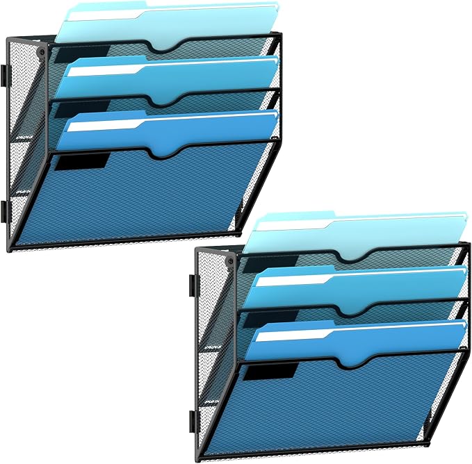 3-Tier Hanging Wall File Organizer with Hooks, 2 Pack | Mesh Wall File Holder, Mail Organizer Wall Mounted for Papers, Documents, Folders and Magazines in Home Office, Classroom by SUPEASY