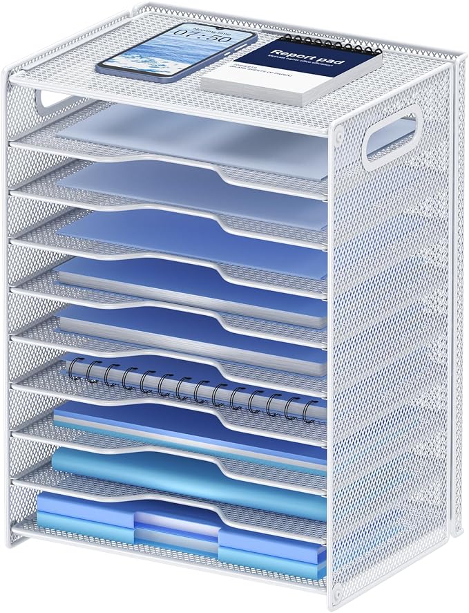 OUTWOLF 10 Tier Paper Organizer - Letter Tray Mesh Desk File Organizer with Handles for Office School Desktop, White by OUTWOLF