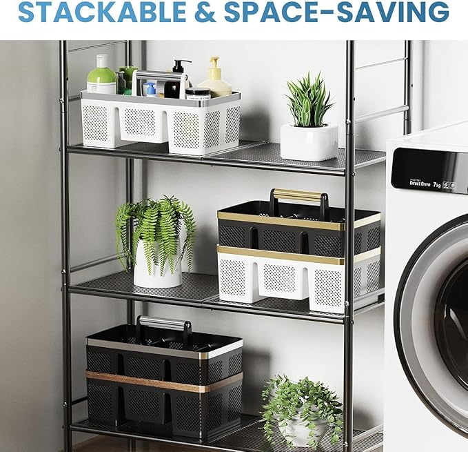 BYUNER Plastic Shower Caddy Dorm: Portable Shower Basket Tote with Handle, 4 Compartments, All-Side Drainage, Hard Bathroom & Cleaning Caddy Organizer for college Dorm Room Essentials, White/Silver - Image 4