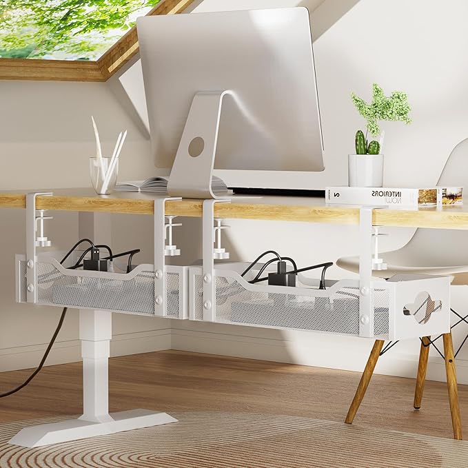 Under Desk Cable Management Tray 2 Pack, No Drill Cable Organizer With Clamp for Standing Desk, Easy to Install Cord Management System, No Damage Wire Organizer by Litwaro