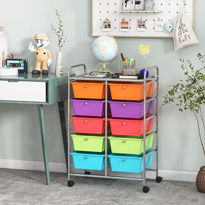 Giantex 10 Drawers Rolling Cart, Classroom Organizers, Storage Cart with Wheels, for Teacher Office Home School Supplies Tool Craft Art Paper, Rainbow Color - Image 4