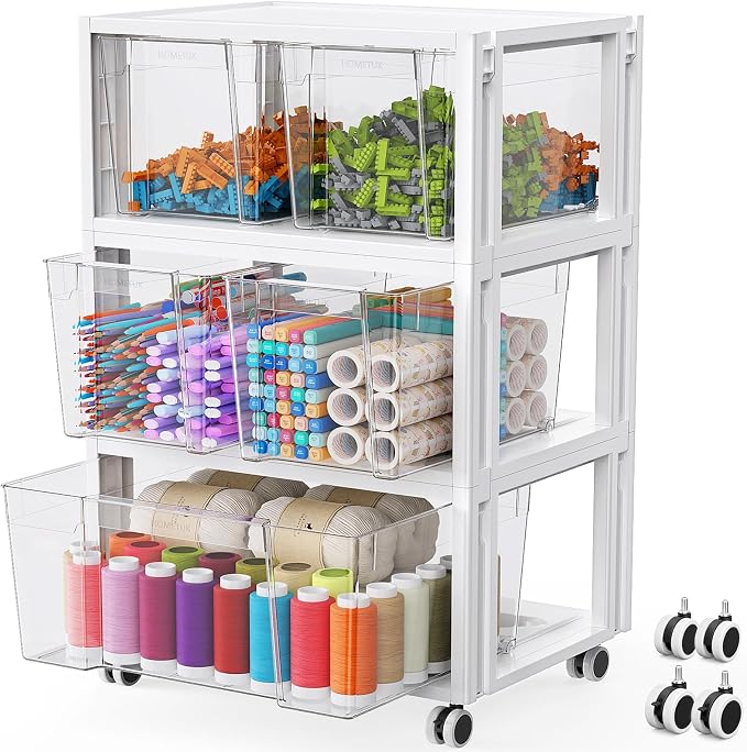 Stackable Storage Drawer Carts, Extra Large Bins 3 Tier 5 Drawers | Smooth Pull-Out Drawers, Clear Plastic Storage Organizer Container For Home Office Bedroom Bathroom Art Crafts Under Desk by HOMETUK