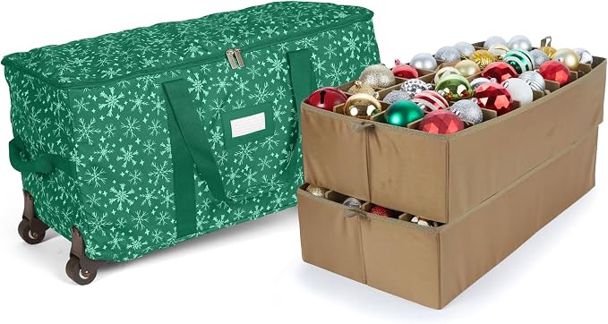 Covermates Keepsakes Rolling Adjustable Ornament Storage Bag – Heavy-Duty Polyester, FlexGrid Trays & Padded Dividers – Protective Holiday Organizer with Wheels, Handles & ID Window, Green Snowflake by Covermates