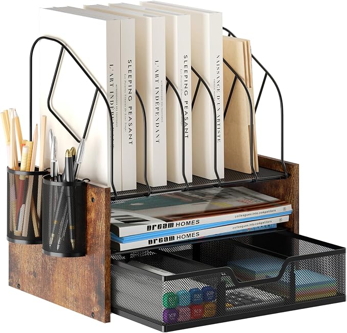 Desk Organizer with Drawer, Desktop File Organizer and Paper Tray Organizer with Vertical File Holder, Office Desk Accessories for Mail, Documents, Papers, Notebooks and Home Office Storage by BOERSHUN