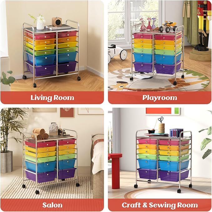 GOFLAME 12-Drawer Rolling Storage Cart, Multipurpose Organizer Cart with 2 Sizes Plastic Drawers, Mobile Utility Cart with Lockable Casters for School, Home Office, Beauty Salon, Rainbow - Image 8