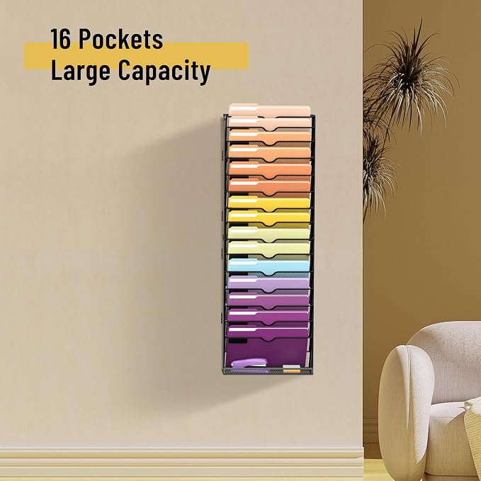 16-Tier Hanging Wall File Holder Organizer for Papers, Folders, Files Clipboard & Magazine Organization Great for Office Home, Assembly Needed, Black | Paper, Folder, Magazine Rack Great for Office Home School, Assembly Needed, Black - Image 2