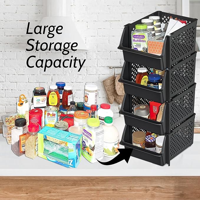 Skywin Stackable Storage Bins Open Front for Pantry Storage, 8 Pack - Black | Sturdy Plastic, Easy Stacking, Open Front Access, Ventilated Sides, Vertical & Space Saving Pantry Organizers and Storage Bin - Image 2