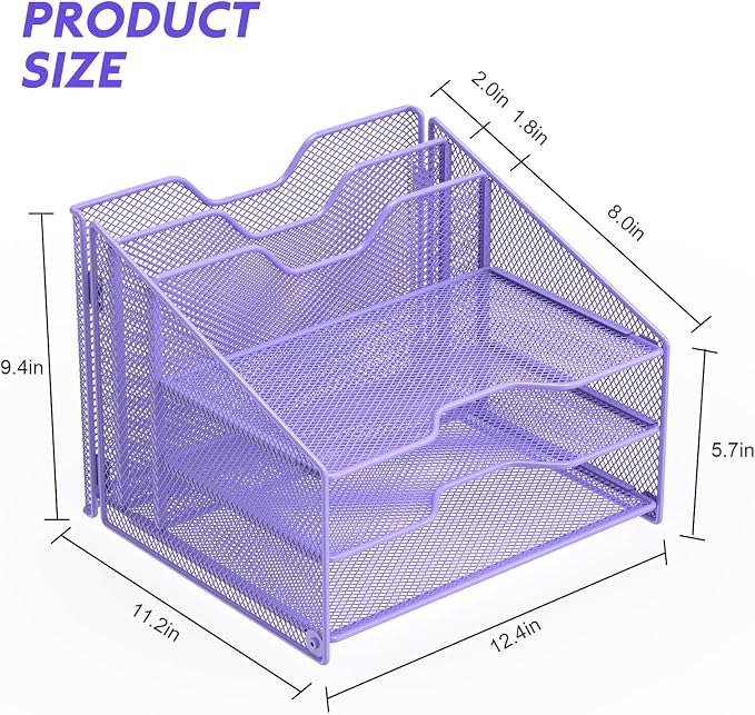 Samstar Purple Desk File Organizer, Mesh Letter File Folder Holder with 3 Paper Trays and 2 Vertical Upright Section, for Office Supplies, Desk Accessories & Workspace, Purple - Image 2