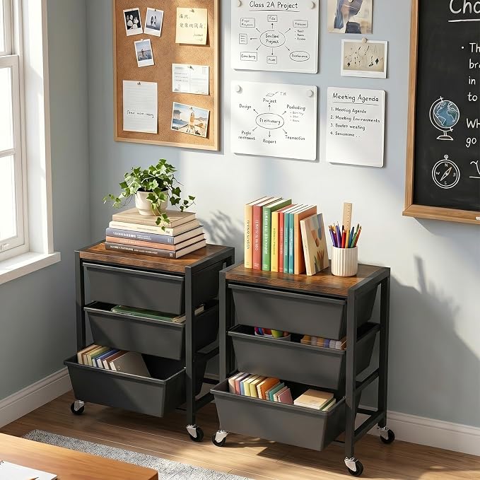 Rolling Cart with 3 Drawers, Plastic Drawer Storage Carts with Lockable Wheels & Wooden Tabletop, Metal Art Craft Utility Cart Organizer for Home Office Bedroom Dorm Bedside Classroom, Dark Black - Image 2