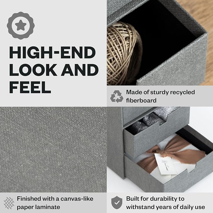 Bigso Box of Sweden Ingrid 3-Drawer Canvas Fiberboard Desk Organizer for Office Supplies and Accessories - Stackable Makeup Drawer Organizer - 6.3in x 9.9in x 8.1in - Grey (Pack of 2) - Image 5