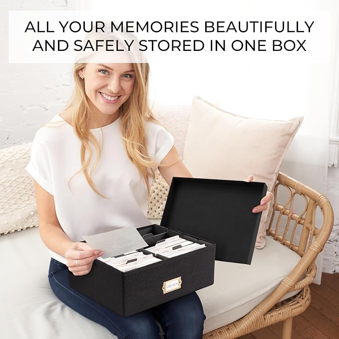 ZICOTO Decorative Photo Storage Box - Sturdy Linen Photo Organizer with Dividers is Perfect to Store Up to 1700 Pictures and 4x6 Photos - Portable Scrapbook Storage Containers with Lid - Image 3