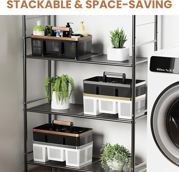 BYUNER Plastic Shower Caddy Dorm: Portable Hard Shower Basket with Handle, 4 Divided Compartments, All-Side Drainage, Bathroom & Cleaning Caddy for College Dorm Room Essentials, Black/wood grain - Image 5