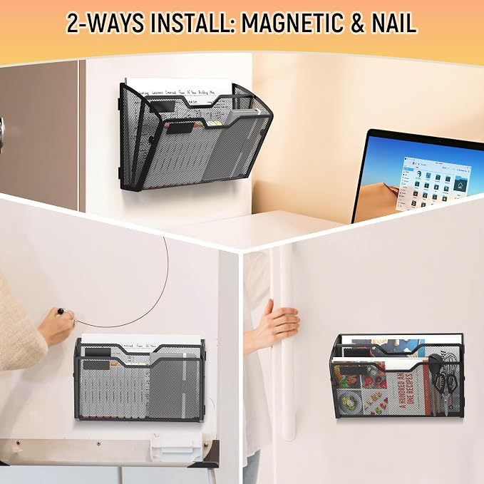 Docnest 3 Pack 2 Tier Dual-Mount Magnetic Mesh File Holders, Wall Organizer | Mount magnets or screws. 2-in-1 hanging mesh mail letter organizer with hooks for office and home clutter - Image 5