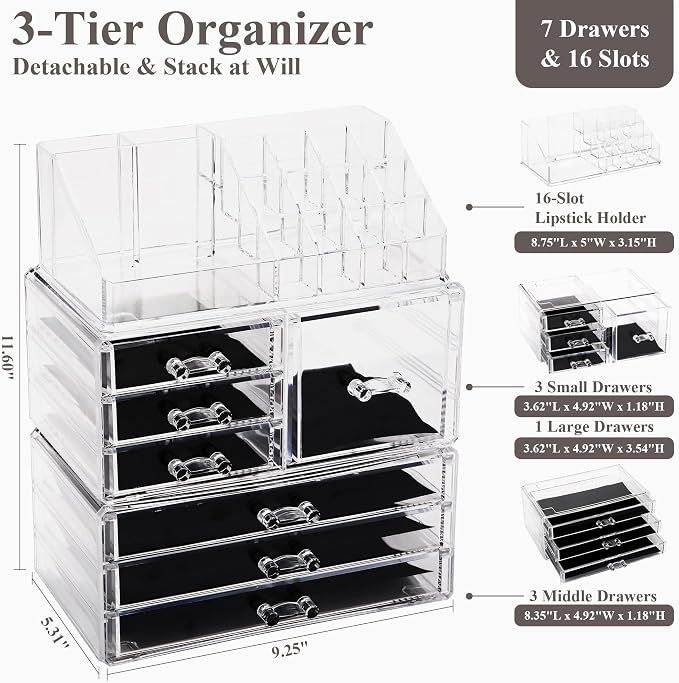 Sea Team 3-Tier Stackable Clear Acrylic Makeup Organizer with Drawers | Cosmetic Display Case, Jewelry Storage Box, 7 Drawers and 1 Lipstick Holder, Ideal for Vanity, Dresser, Bathroom, Countertop - Image 2