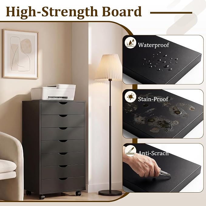 7 Drawer File Cabinet, Storage Drawers with Wheels for Home Office | 7 Drawers File Cabinet with Wheels, Under Desk Storage Drawers for Home Office Organization and Small Printer Stand - Image 6