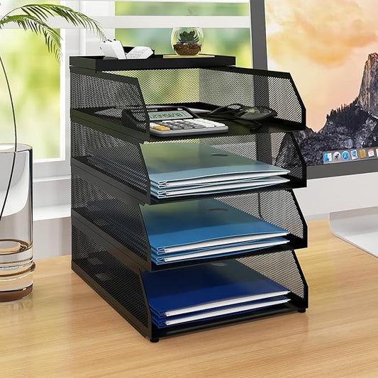 Natwind 4-Tier Stackable Metal Mesh Desk Paper Tray Organizer,Black | Desktop Accessories for Office Supplies, Letter Tray For Paper Storage ,File Document Holder For Home School Classroom by Natwind