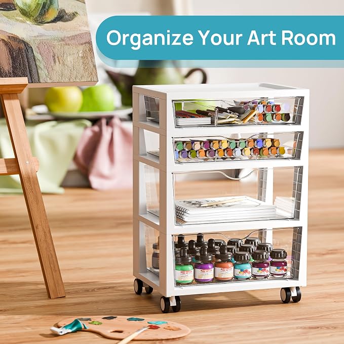 Vtopmart 4-Tier Plastic Drawer Storage Rolling Cart with Wheels | Clear Drawers, Multiple Size Storage, Visible Organization, Sturdy Design, Under Desk, Office, Makeup, Crafts & Art Storage - Image 7