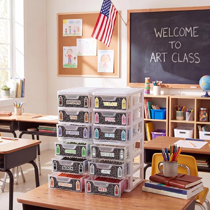 12 Pcs/ 4 Pack Plastic Crayon Organizer for Classroom Back to School Clear Crayon Storage Boxes for Marker Pen Art Craft Supplies Crayons Holder Drawer for Classroom Office Table with Labels - Image 3