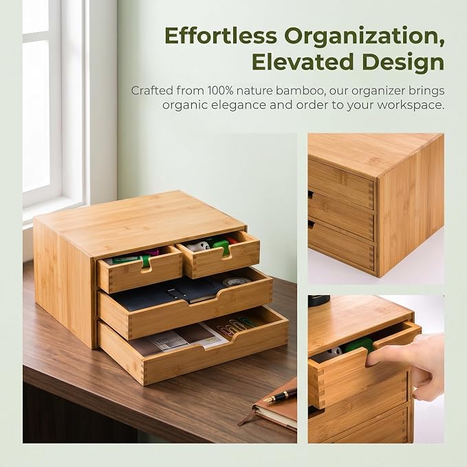 Bamboo Desk Organizer, 100% Natural Bamboo Desktop Drawer Organizer, Tabletop Storage Cabinet Organization Box with 4 Drawers for Makeup, Letter, Home Office Supplies, 3-Layer, Fully Assembled - Image 5