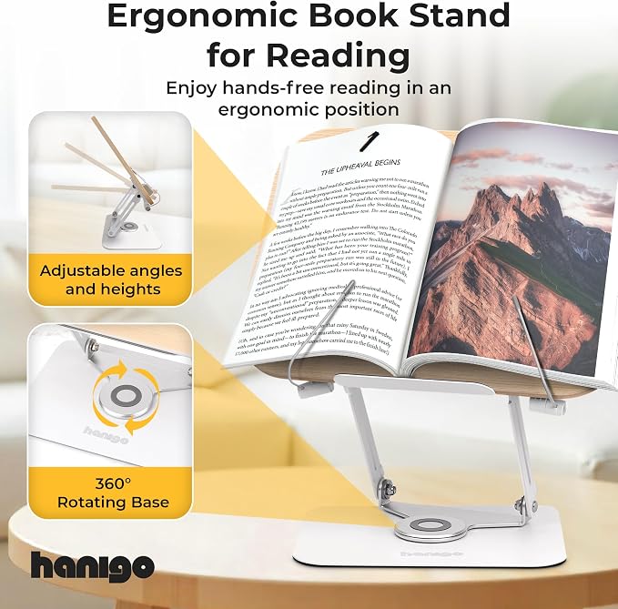 Book Stand for Reading - Adjustable Book Holder with 360° Rotating Base, Ergonomic Design for Extended Reading, Foldable and Portable, Necessity for Textbook, Bible, Cookbook, Music Scores, Tablet - Image 4