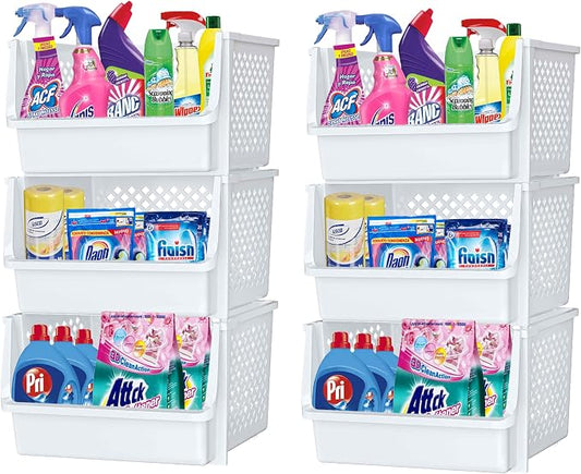 XLarge Stackable Storage Bins Open Front for Pantry Storage, 6 Pack - White | Sturdy Plastic, Easy Stacking, Open Front Access, Ventilated Sides, Vertical & Space Saving Pantry Organizers and Storage Bin by Skywin