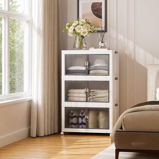 SAILUN 348Qt Stackable Storage Bins,Storage Cabinet with a Lid,3 Pack White | Stackable Storage Drawers with Lids,26" W x 17" D x 43.7" H,Featuring open-front Access for Clothes and Closet Storage by SAILUN