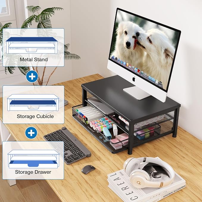 Computer Monitor Stand Riser, Desk Organizer with Drawer, Printer & Laptop Stand, Office Desk Accessories & Workspace Desktop Organizers Storage for Office Supplies(Black) - Image 4