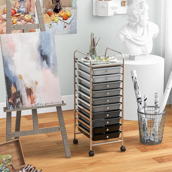 Giantex 10-Drawer Storage Cart w/Universal Wheel, Rolling Cart w/Handle, Home Organizer Storage Unit w/Removable Drawers, Trolley Utility Cart for Kitchen Makeup Living Room Office Play Room - Image 4