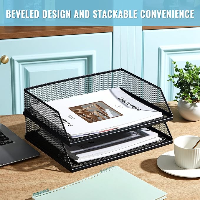 Hicarer 2 Pcs Black Metal Letter Tray Stackable Desk Tray Single Wire Mesh Organizer Front Load File Paper Holder for Desktop Office Home School Classroom (9.84 x 12.8 Inch) - Image 2