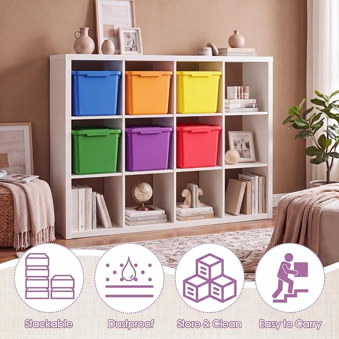 Potchen 6 Pack Small Stackable Storage Bins with Lids Plastic Storage Boxes for Classroom 9.8" ×7.3" ×5.7" Decorative Organizer Bins for Craft Art Office Teacher Supplies (Colorful) - Image 5
