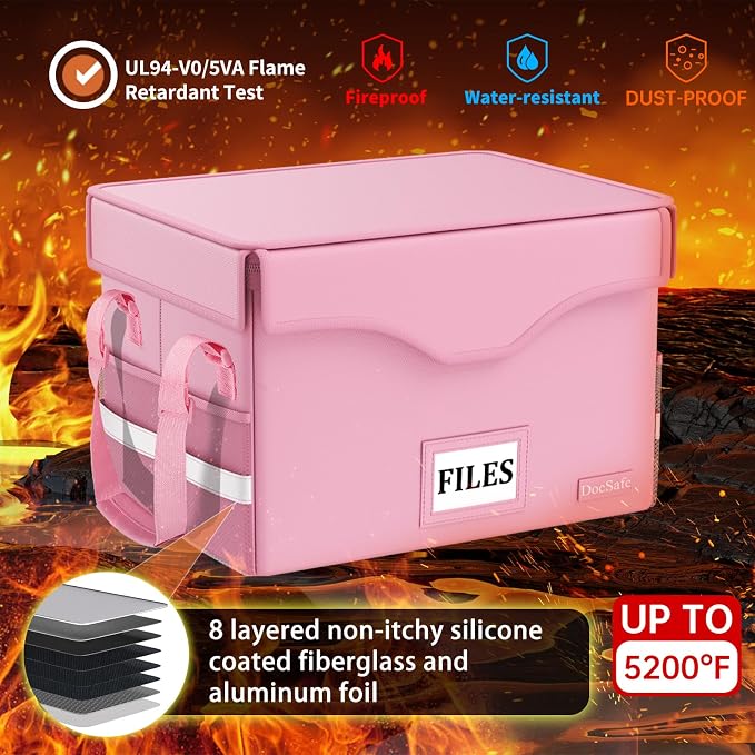 DocSafe 5200°F Fireproof Document Box with Lock,Heat Insulated File Organizer Storage with Pockets,Collapsible Portable Home Office File Safe Box with Handle for Hanging Letter/Legal Folders, Pink - Image 3