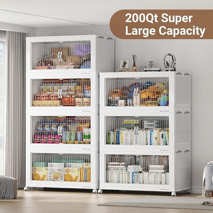 BROVIEW 800Qt Extra Large Stackable Storage Bins with Lids, Closet Organizer Collapsible Drawer Boxes with Wheels, Folding Plastic Cabinet Containers for Home Kitchen Room Organization, 4Pack White - Image 5