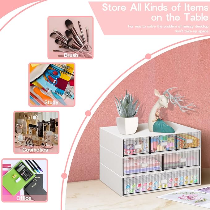 Stackable Desk Organizer with 6 Drawers, 3 Tier Plastic Desk Storage Box Desktop Drawers, Detachable Makeup Storage Office Stationery Supplies Organizer for Desk Office School Home - Image 6