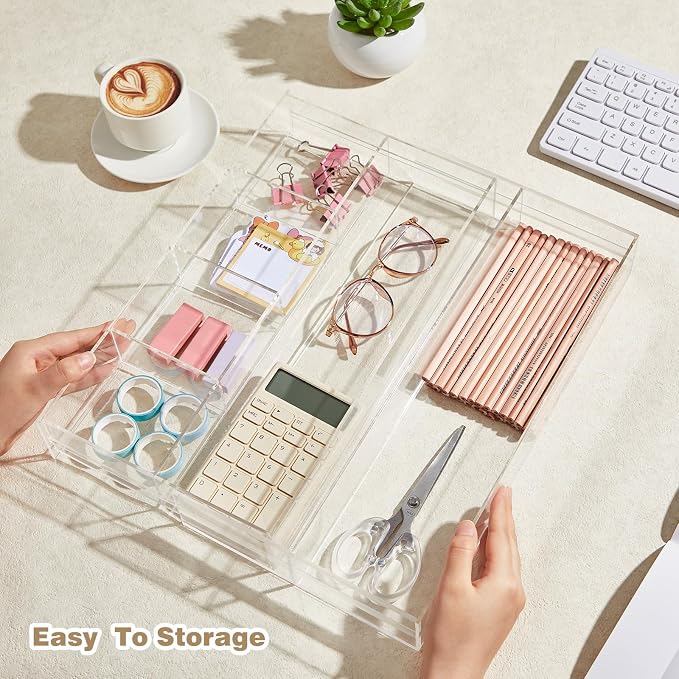 Briwooody Clear Acrylic Drawer Organizer Expandable,7 Compartments,Medium | 9'' up to 18'' x 12'' x 2.1'' Desk Drawer Organizer Trays Adjustable with Desk Accessories for Makeup Office Bathroom - Image 2