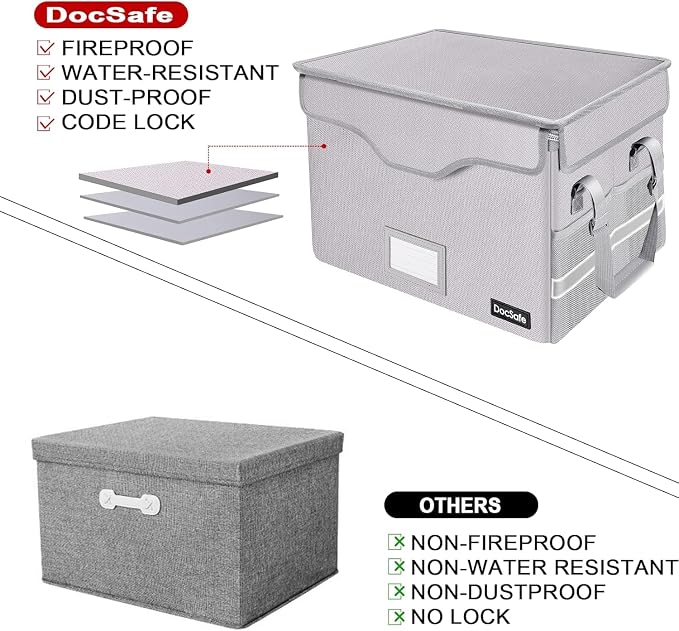 DocSafe Fireproof Document Box with Lock,File Storage Organizer with Pockets,Collapsible Portable File Box Home Office Safe Filing Cabinet with Handle for Hanging Letter/Legal Folders,Silver,2 Pack - Image 3