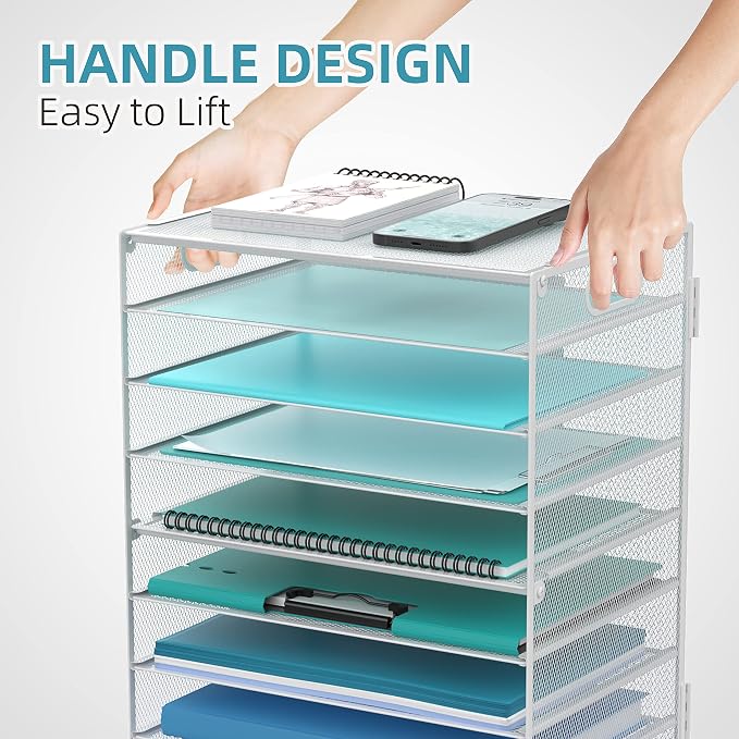 9-Tier Paper Organizer for Desk, Metal Mesh Letter Tray with Handles, White | Desk File Organizer with Removable Trays for Sorting Files, Folders, Mail and Printer Paper at Home, School or Office - Image 5