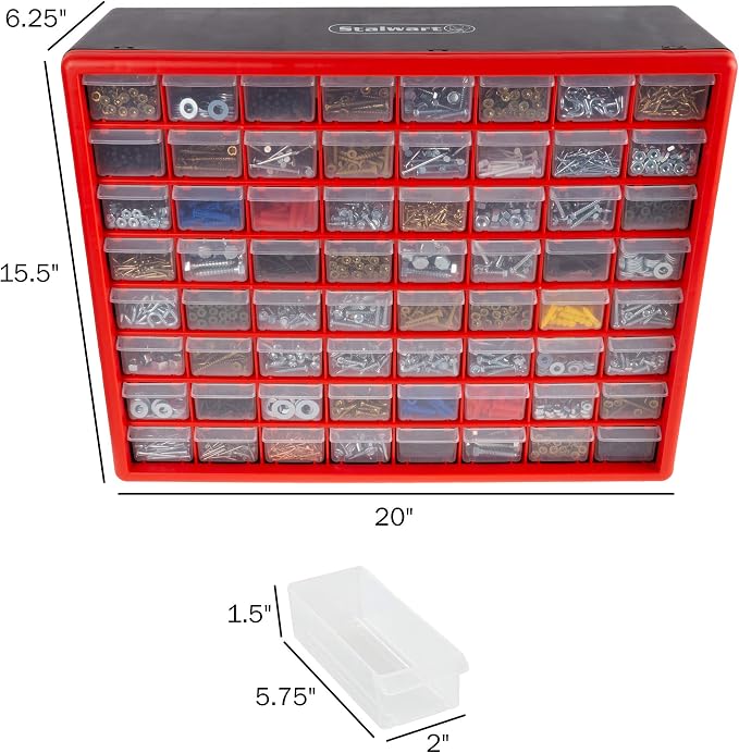 64-Drawer Storage Organizer - Plastic Drawers for Organization - Desktop or Wall-Mounted Container for Hardware, Tools, and Beads by Stalwart (Red) - Image 3