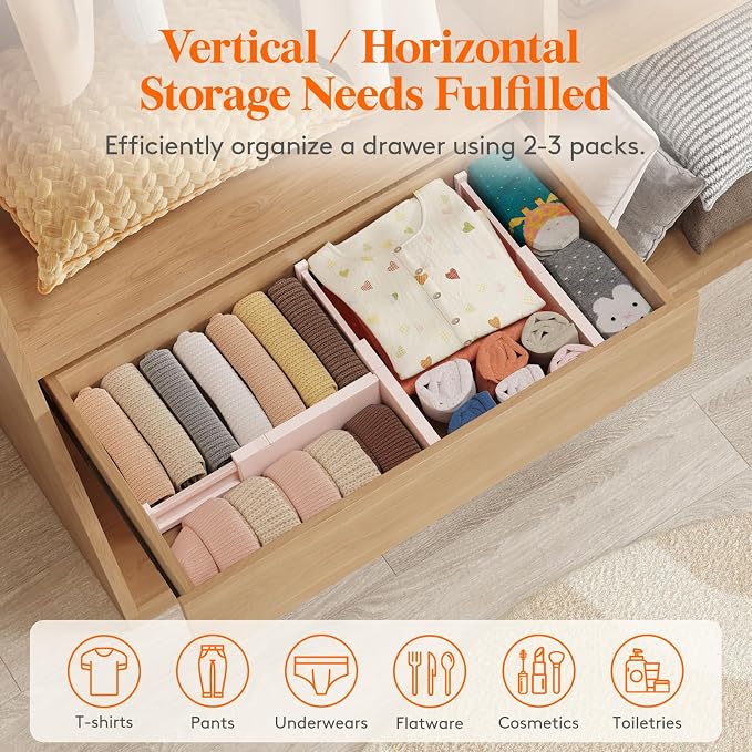 Lifewit 9 Pack Drawer Dividers 4" High 28-43.5cm/11-17" Adjustable Drawer Organizer for Clothes/Utensils, Expandable Drawer Separator in Dresser/Kitchen/Bedroom/Office Organization & Storage Pink - Image 5