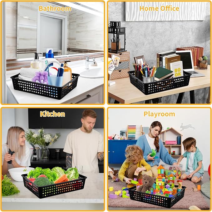 12 Pcs Plastic Storage Baskets Bulk 14 x 10 In Stackable Storage Bin with Handles A4 Size Desktop File Letter Organizer Tray Multi-purpose Container for Shelve Desktop Classroom Office Home Playroom - Image 6