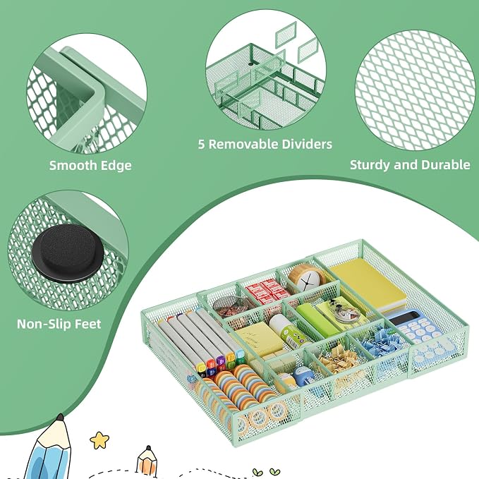 Marbrasse Expandable Desk Drawer Organizer, Mesh Drawer Organizer Tray with 10 Adjustable Compartments, Desk Organizers and Accessories for Office Supplies, Makeup & Vanity (Expandable-Green) - Image 6