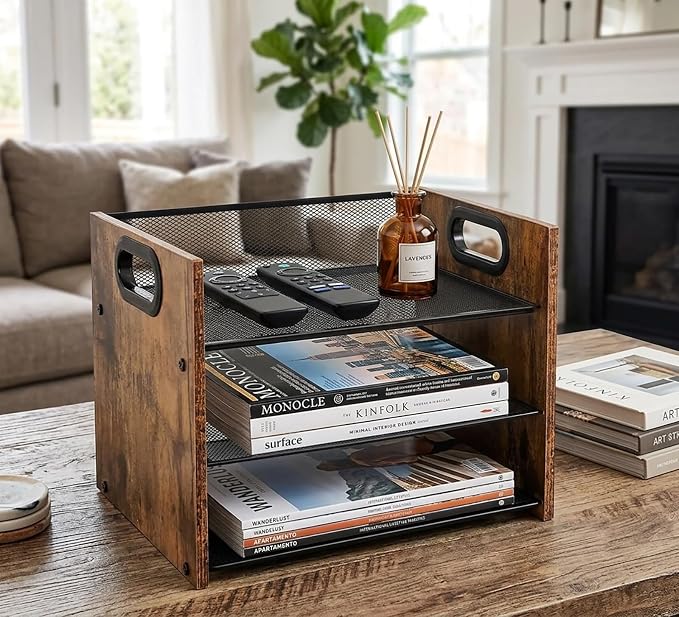 Desk Organizer - 3 Tier Wood & Metal Mesh Desktop Organizer for Office, Home, School, Workspace, Office Desk Organzier for Papers, Mail, Notebooks, Stationery - Image 5