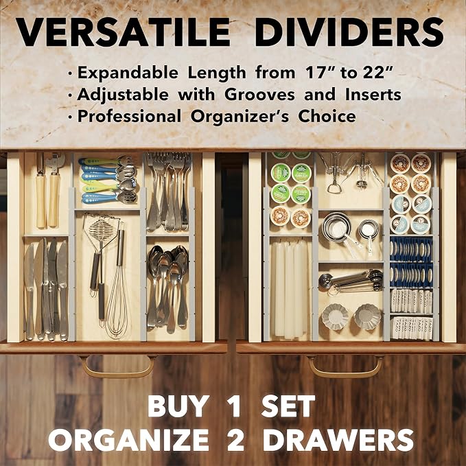 SpaceAid Bamboo Drawer Dividers with Inserts and Labels, Kitchen Adjustable Drawer Organizers, Expandable Organization for Home, Office, Dressers, 7 Dividers with 15 Inserts (17"-22" Gray) - Image 5