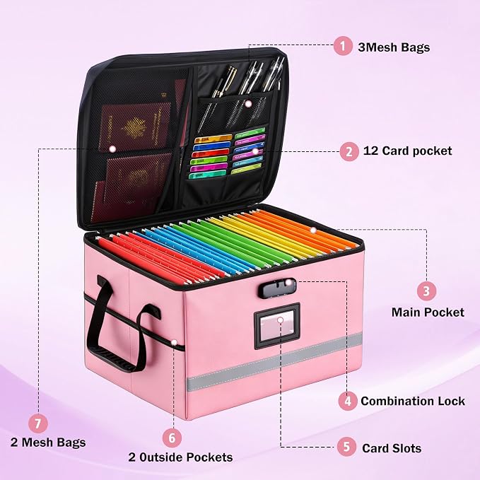 EXLIFBAG File Organizer, Fireproof File Box with Lids, Important Document Organizer Box with Lock, Portable File Folder Organizer with Handle - Image 2