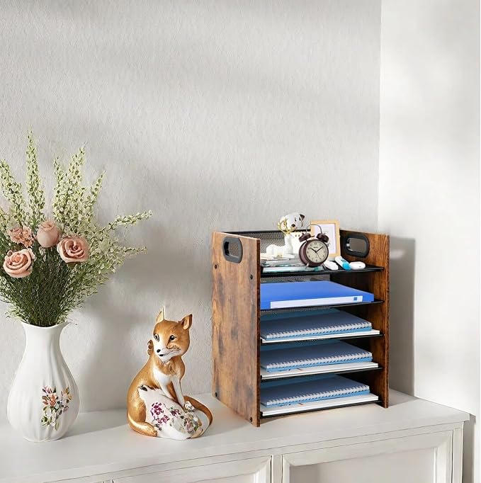 Desk Organizer - 5-Tier Desktop File Organizer, Wooden Paper Tray Organizer, Office Desk Organzier and Accessories for Papers, Mail, Notebooks, Stationery - Image 8